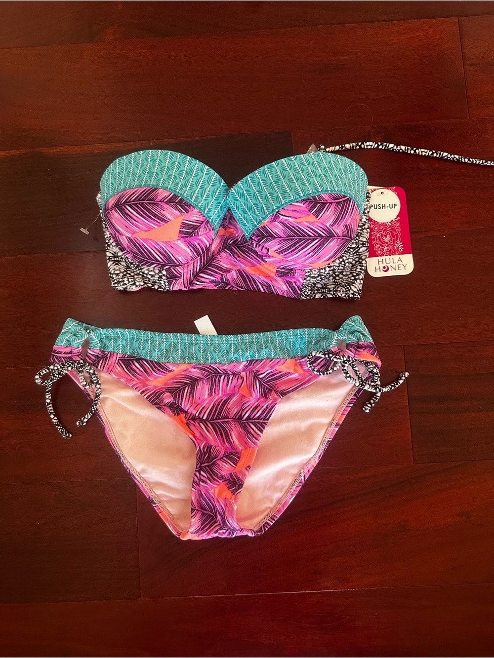 Hula Honey Teal Pink Purple Tropical Print Push-Up Bikini